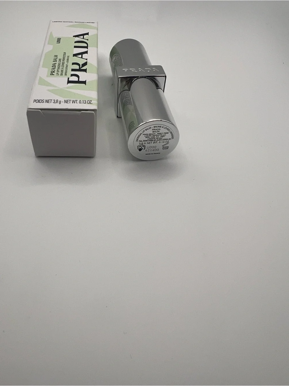Prada Lip Balm U000 Universal in Pale Green with Silver Case